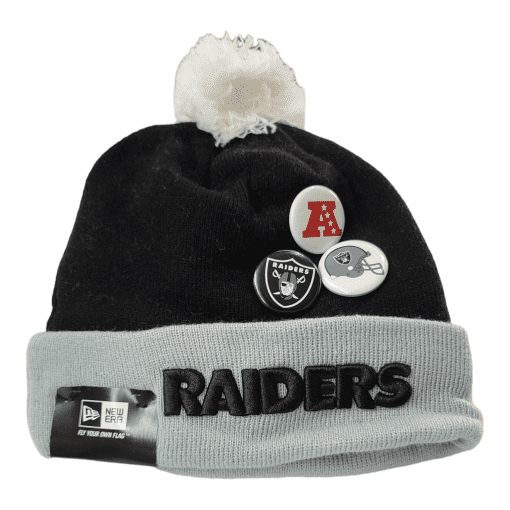 NFL RAIDERS NEW ERA Ultra Rare SPORT KNIT Black& Grey Beanie With 3 Pins POM POM