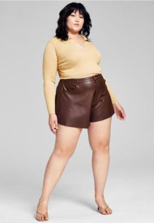 Now This Trendy Plus Size Faux-Leather Trumpet Shorts - Brown Chic 4