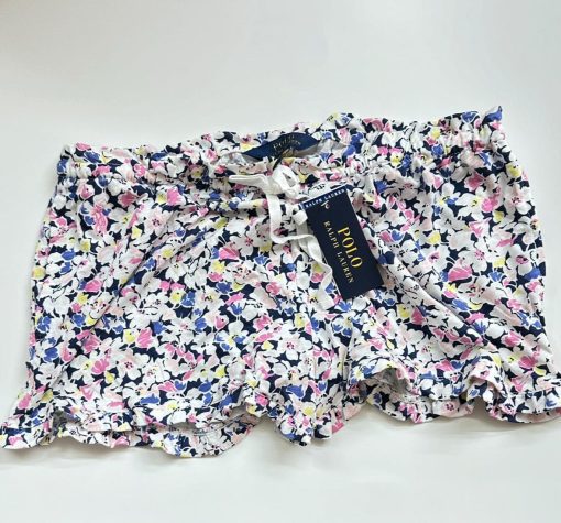 NWT Polo Ralph Lauren Womens Floral Navy Shorts Ruffled Drawstring Cotton M