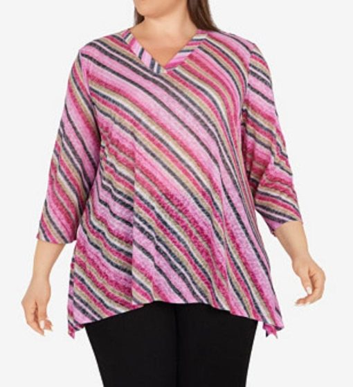 Pink Stripe Plus Size V-Neck Top | Women's Blouse