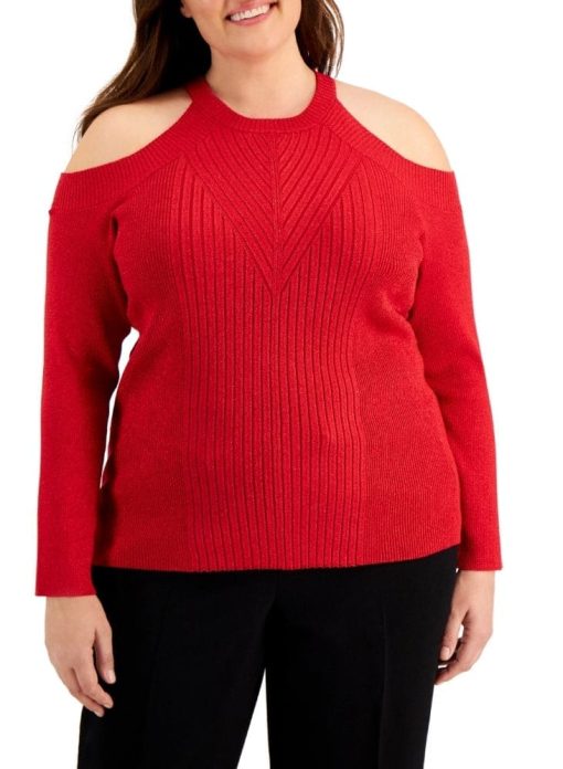 INC International Concepts Red Cold Shoulder Sweater Plus Size Top