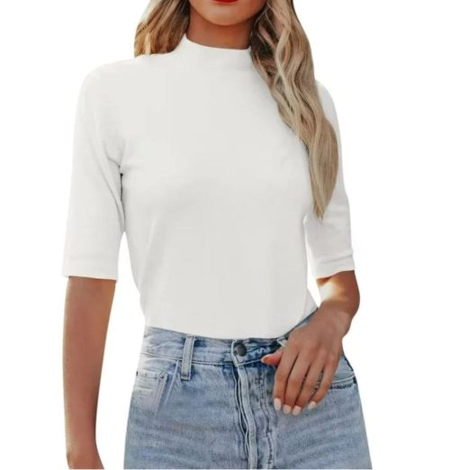 RQYYD White Mock Neck Top - Short Sleeve - S - Women's Shirts