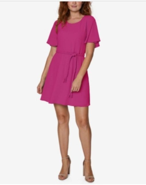 SAGE COLLECTIVE Womens Pink Zippered Belted Short Sleeve Scoop Neck Mini Evening Fit + Flare Dress Petites 10P