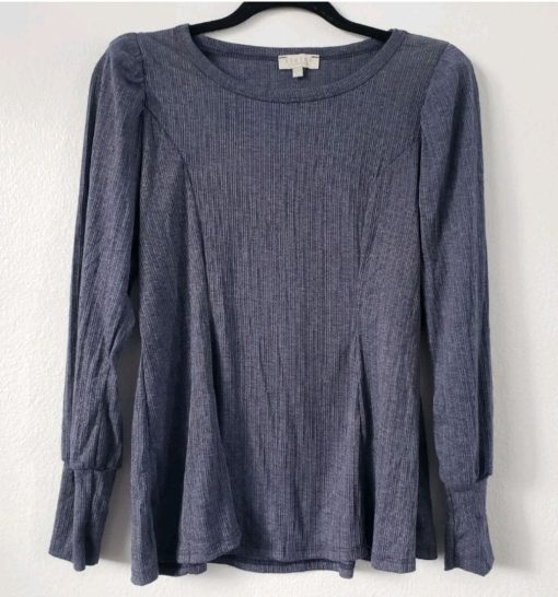 Status by Chenault Top XS Gray Blue Puffed Long Sleeve Rib Knit Crew Neck Womens.