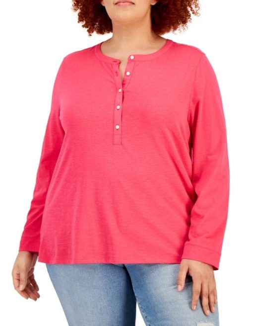 Style & Co Plus Size Henley Top,  Fire Pink 2x