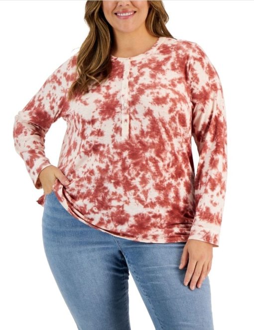Style & Co Plus Tie Dye Henley Top - Red/White - Plus Size - Shirts