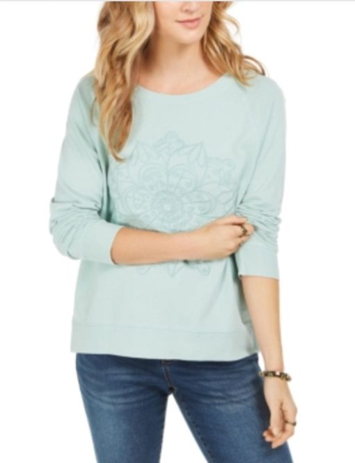 Style & Co Women's Embroidered Cotton Sweatshirt Green Size X-Large