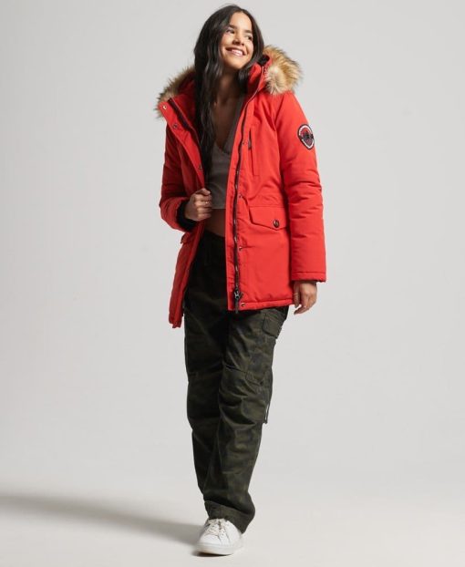 Superdry Women's Hooded Everest Faux Fur Parka Coat Red Size: 4