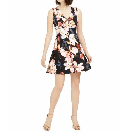 Taylor Black Floral Print Fit & Flare Dress - Size (S, M, L) - Mini Dress