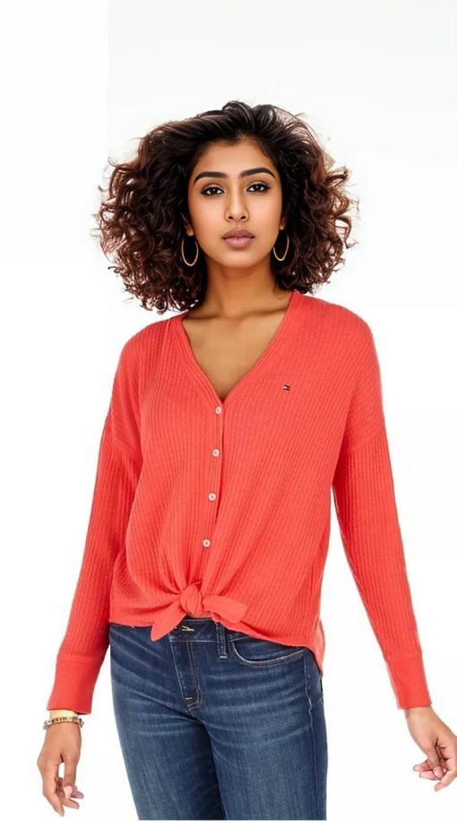 Tommy Hilfiger Women's Long Sleeve with Buttons Sweater Coral Size XX-Large