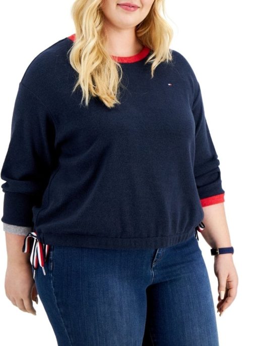 Tommy Hilfiger Plus Navy Sweatshirt with Ribbed Trim - Plus Size Top