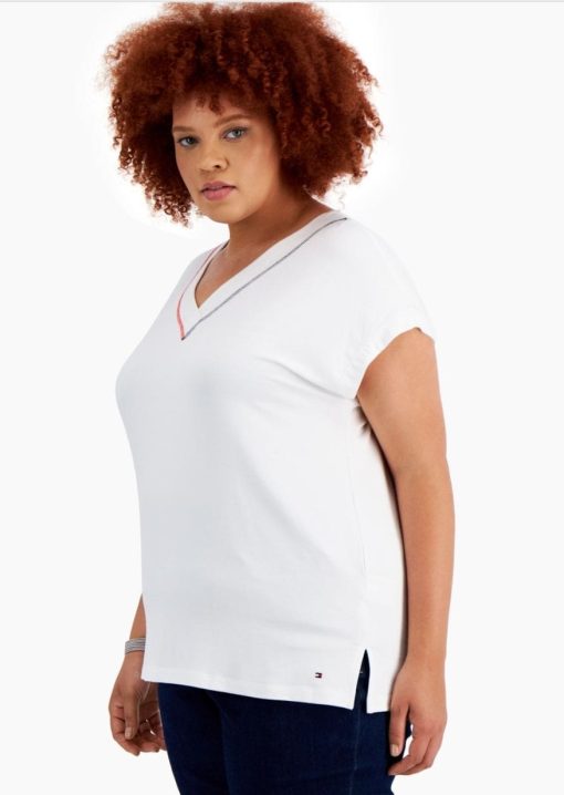 Tommy Hilfiger Plus White V-Neck T-Shirt - Women's 3X - Tops