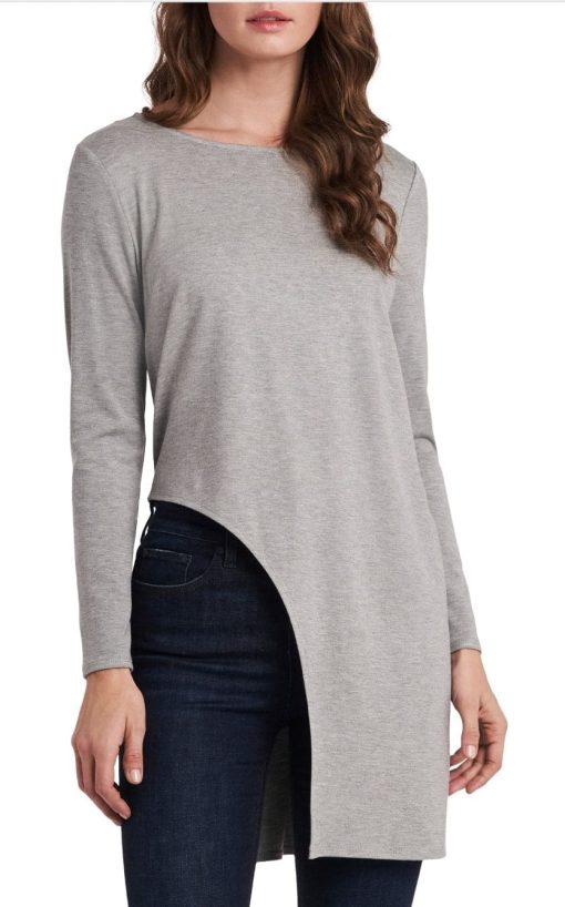 VINCE CAMUTO Womens Gray Cut Out Darted Asymmetrical Heather Long Sleeve Round Neck Tunic Top M