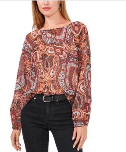 VINCE CAMUTO Womens Orange Sheer Metallic Paisley Long Sleeve Keyhole Wear to Work Blouse S