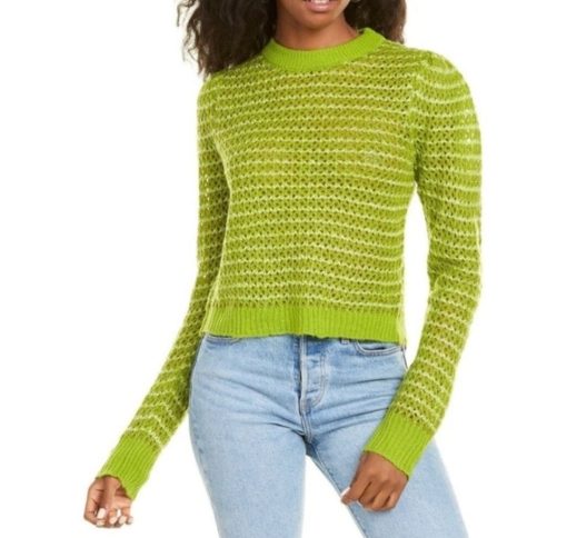 WAYF Open Knit Ribbed Trim Sweater (Green) S