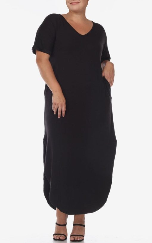 White Mark Women's Plus Size Short Sleeve V-Neck Maxi Dress, Black, 2X