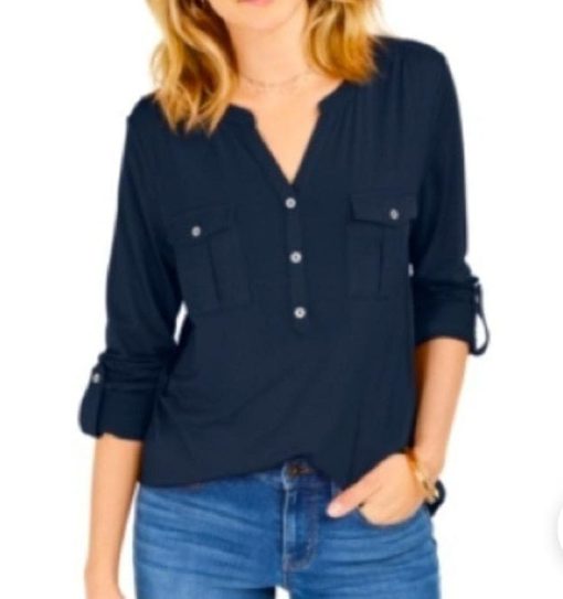 Chico's Navy Blue Henley Blouse - Women's Size S - Tops