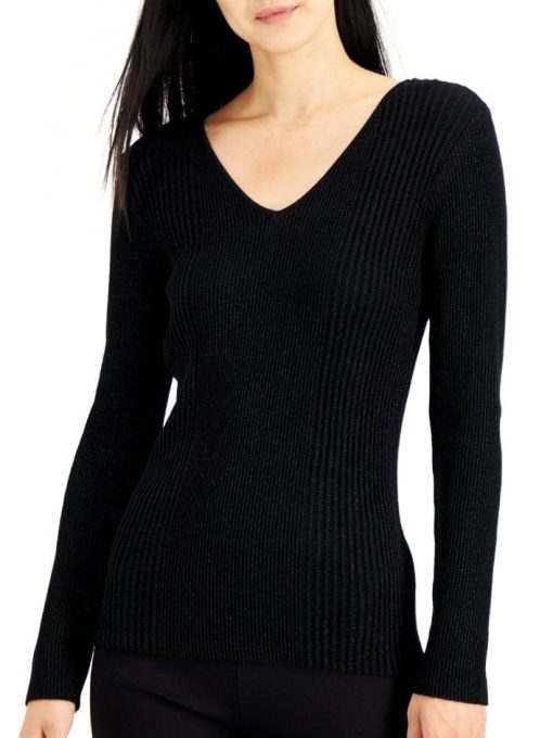 Womens Ribbed Metallic V-Neck Sweater Small