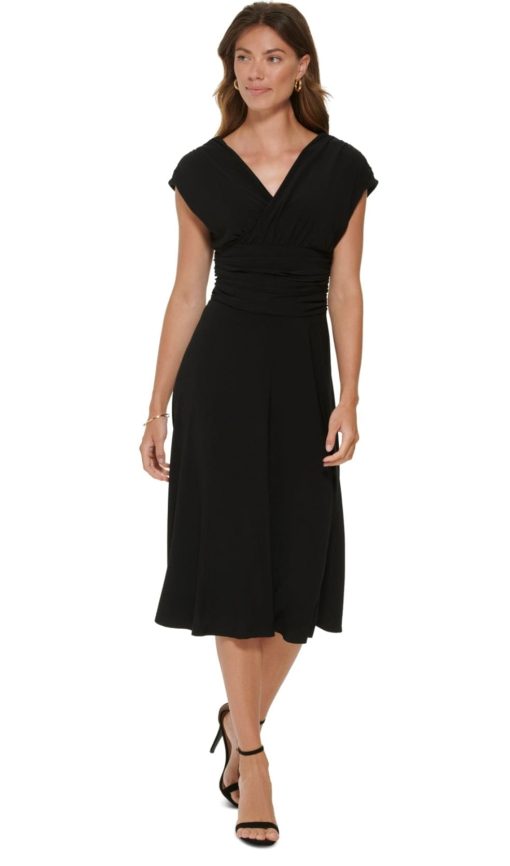 Womens Ruched V-Neck MIDI Dress 16