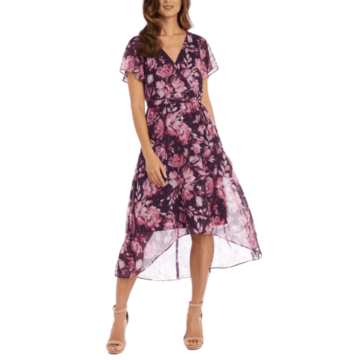 R&M RICHARDS Womens Purple Belted Sheer Pullover Lined Floral Flutter Sleeve Surplice Neckline MIDI Party Hi-Lo Dress 12