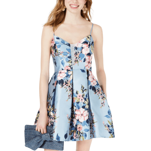 TEEZE ME Womens Light Blue Floral Spaghetti Strap V Neck Short Cocktail Fit + Flare Dress Juniors 12