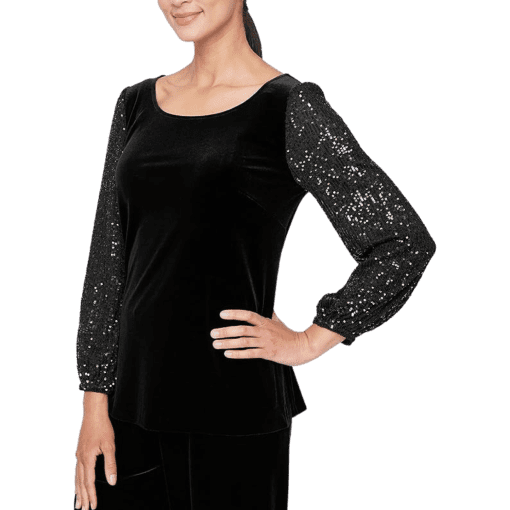 Alex Evenings Black Velvet Sequin Top Plus Size Blouse