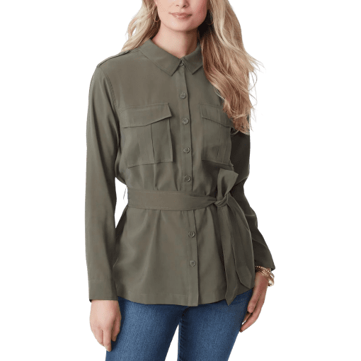 Jessa Womens Belted Collar Button-Down Top size S