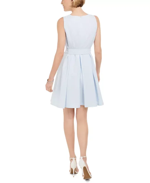 Anne Klein Womens Aqua Zippered Pocketed Seersucker Pleated Skirt Sash Striped Sleeveless Boat Neck Above the Knee Party Fit Flare Dress 4 - All - Image 2