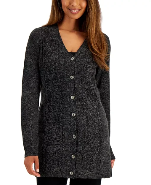 Karen Scott Plus Size V-Neck Cable-Knit Cardigan,Dark Ash Marl 2X