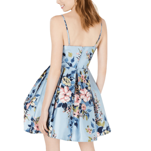 TEEZE ME Womens Light Blue Floral Spaghetti Strap V Neck Short Cocktail Fit + Flare Dress Juniors 12 - Image 2