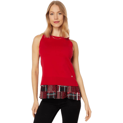 Tommy Hilfiger Womens Peplum Hem Patchwork Halter Top Red S/P - Image 2