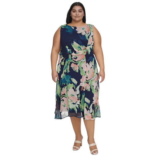 Dkny Plus Size Printed Side-Ruched Sleeveless Chiffon Dress Size 18W