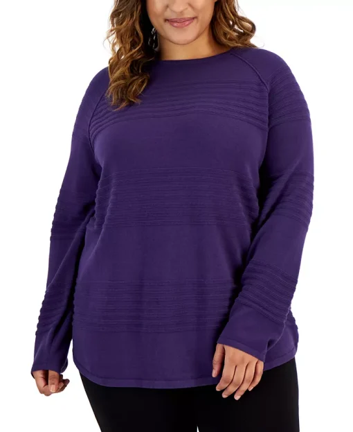 Karen Scott Plus Size Cotton Curve-Hem Sweater, Cassis women purple 3X