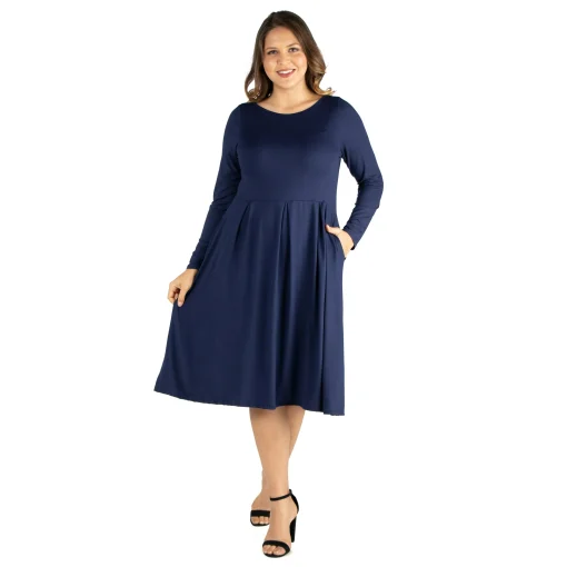 24 SEVEN Women's Plus Size Fit and Flare MIDI Dress - Navy 2X