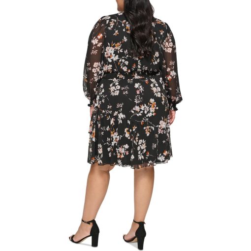 Dkny Womens Black Ruffled Zippered Smocked Lined Floral Long Sleeve Surplice Neckline Knee Length Wear to Work Fit + Flare Dress Plus 22W - All - Image 2