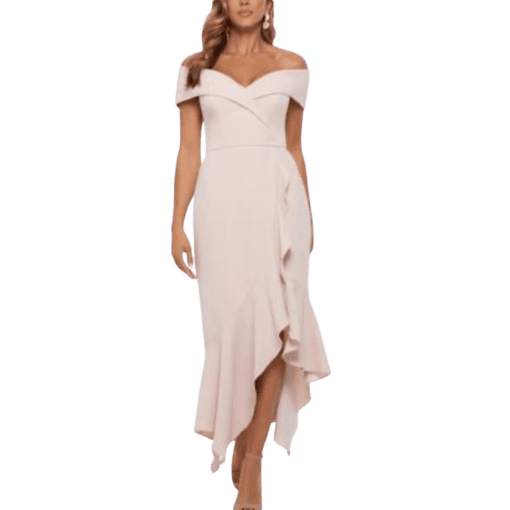 Xscape Women's Off Shoulder Hanky Hem MIDI Dress - Blossom - Size 6