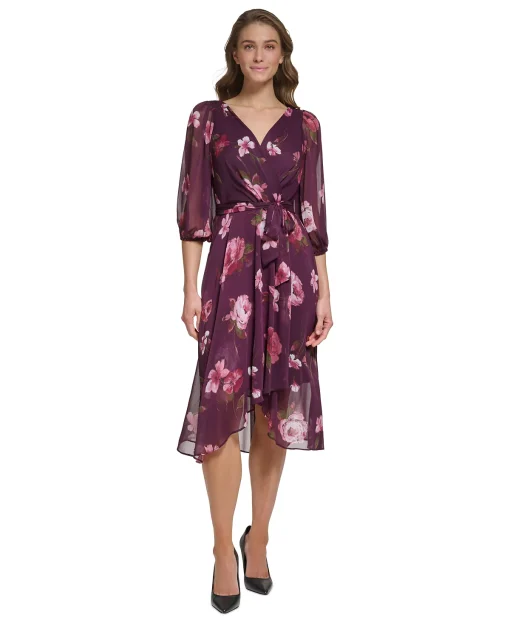 Dkny Petite Floral-Print Balloon-Sleeve Faux-Wrap Dress - Raisin Multi OP