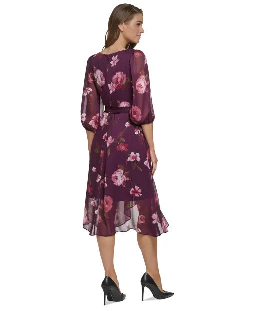 Dkny Petite Floral-Print Balloon-Sleeve Faux-Wrap Dress - Raisin Multi OP - Image 2