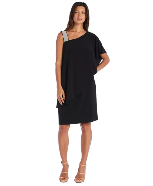 R & M Richards Black One Shoulder Dress Size 14 - Cocktail Dress