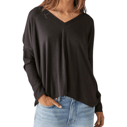 Lucky Brand Cloud Jersey Deep V-Neck Ruched Top - Jet Black XL