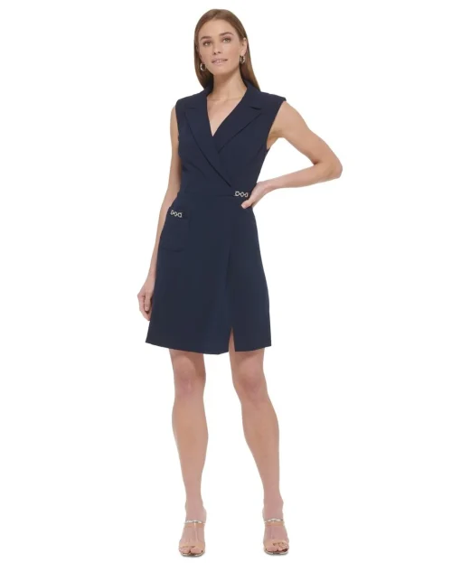 Dkny Women's Notched Collar Hardware Trim Sleeveless Sheath Dress - Spring Navy 8