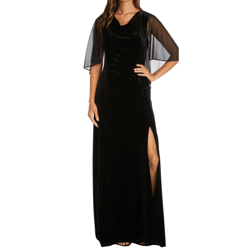 & M Richards Women's 1Pc Velvet and Chiffon Side Drape Cowl Neck Caplet Long Dress, Black, 6P