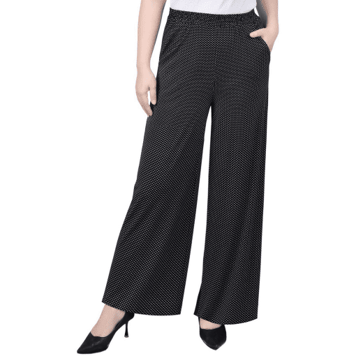 NY Collection Petite Black Polka Dot Wide Leg Pants - Women's Trousers