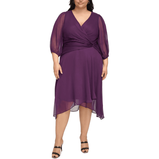 DKNY Plus Womens Faux Wrap Polyester Fit & Flare Dress PURPLE 14W