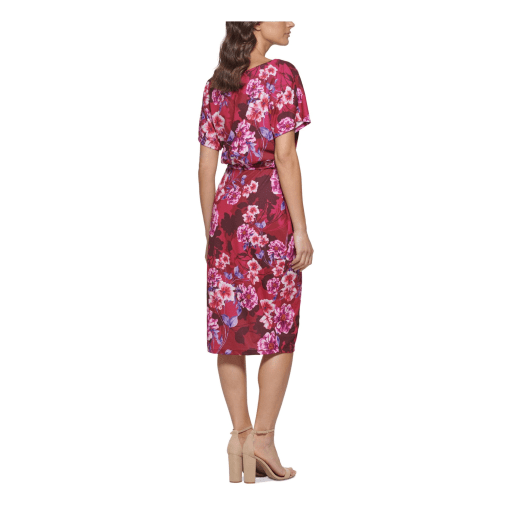 KENSIE DRESSES Womens Burgundy Slitted Pullover Tie Belt Elastic Waist Floral Dolman Sleeve Crew Neck Below the Knee Party Sheath Dress 10 - Image 2