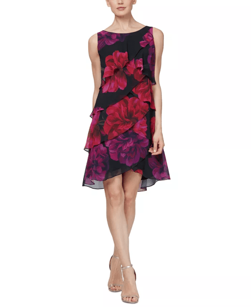 Slny Women's Chiffon Floral Print Day Tier Dress, Black, 12