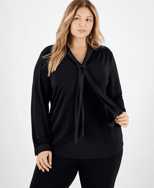 Bar Iii Plus Size Bow-Tie Long-Sleeve Blouse, Black 2X