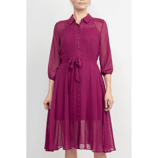 Nanette Lepore Collared 3-4 Sleeve Button Down Tie Waist Illusion Chiffon Dress-BALI ORCHARD / 8