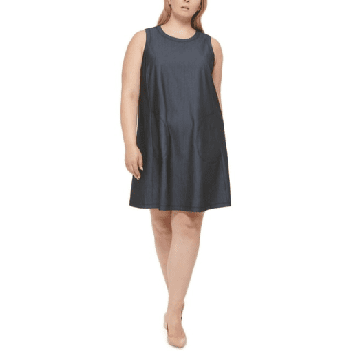 Calvin Klein Womens Blue Zippered Unlined Pocketed Heather Sleeveless Round Neck Above the Knee Wear to Work Shift Dress Plus 22W