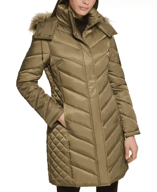 Kenneth Cole Women's Faux-Fur-Trim Hooded Puffer Coat - Olive S